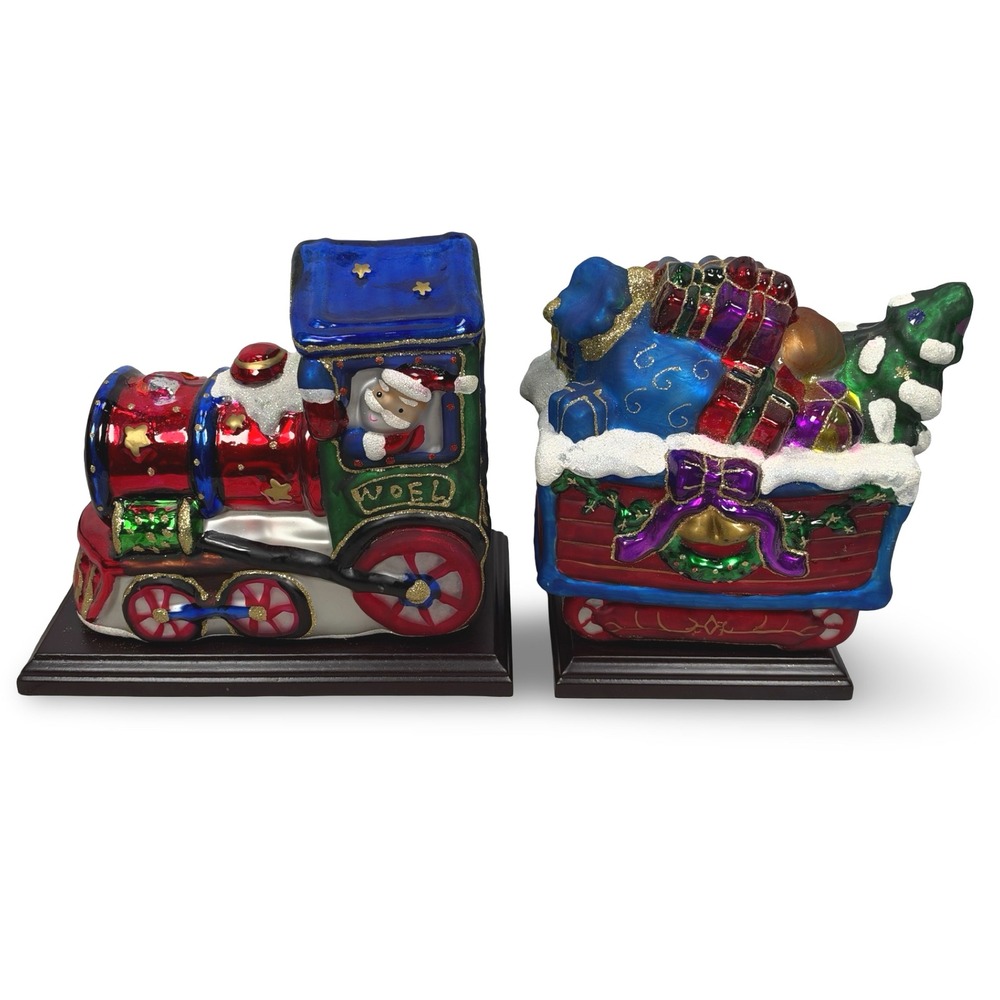 Thomas Pacconi Classics 2008 Christmas Train Glass Bookends Santa Noel Set